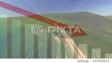 Showing red arrow indicating downward trend across fields with dirt road and bar chart Showing red arrow indicating downward trend across fields with dirt road and bar chart 135392611