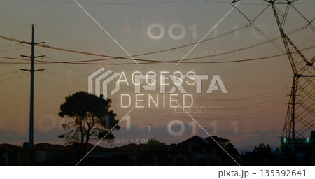 Displaying ACCESS DENIED overlay above suburban skyline at dusk, with utility poles and binary code Displaying ACCESS DENIED overlay above suburban skyline at dusk, with utility poles and binary code 135392641