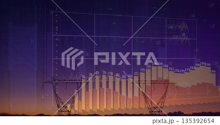 Displaying power pylons with rising 3D data bars and wireframe axes over rural dusk landscape Displaying power pylons with rising 3D data bars and wireframe axes over rural dusk landscape 135392654