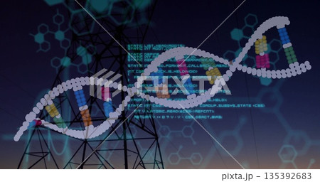 Displaying DNA helix floating over tower site at dusk, with code overlay and hexagonal patterns Displaying DNA helix floating over tower site at dusk, with code overlay and hexagonal patterns 135392683