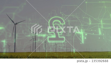 Showing neon-green pound sign hovering above yellow field at wind farm, turbines and circuit lines Showing neon-green pound sign hovering above yellow field at wind farm, turbines and circuit lines 135392688
