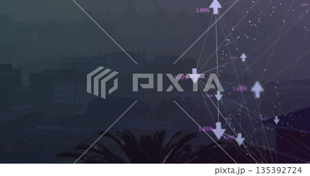 Displaying network graph overlay with percentage labels over skyline with palm trees, copy space 135392724