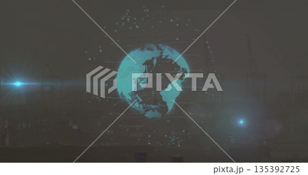 Glowing holographic globe hovering above substation at night, with data streams, nodes and flares 135392725