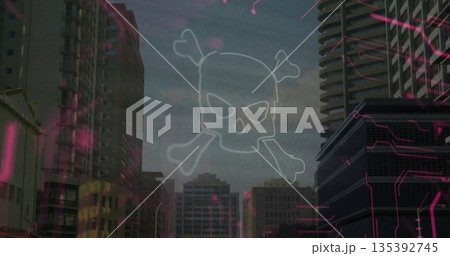 Floating white skull and crossbones over downtown towers and crane, with magenta circuit motifs Floating white skull and crossbones over downtown towers and crane, with magenta circuit motifs 135392745