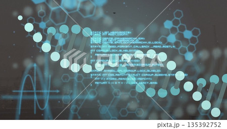 Showcasing DNA double helix at interface, with code text, hexagon outlines and waveform line Showcasing DNA double helix at interface, with code text, hexagon outlines and waveform line 135392752