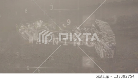 Hovering circuit board pattern warning graphic over dusty terrain, with floating numeric characters Hovering circuit board pattern warning graphic over dusty terrain, with floating numeric characters 135392754