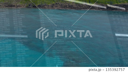 Overlaying translucent programming code over coastal seascape, with stream and buffer modules Overlaying translucent programming code over coastal seascape, with stream and buffer modules 135392757