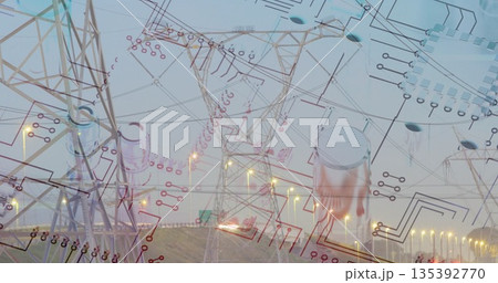 Displaying power pylons supporting high-voltage lines on grassland, with circuit diagrams overlay Displaying power pylons supporting high-voltage lines on grassland, with circuit diagrams overlay 135392770