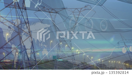 Displaying transmission tower and power lines along coastal road, with digital network overlays 135392814