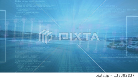 Displaying digital coastal landscape extending over fjord water, with code lines, UI frames 135392837