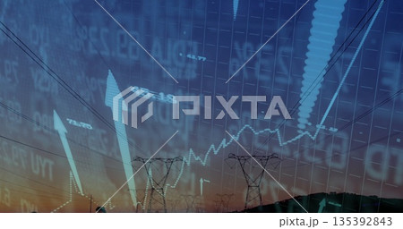 Displaying steel towers and power lines rising over dusk rural hillside, with grid, arrows, graph Displaying steel towers and power lines rising over dusk rural hillside, with grid, arrows, graph 135392843