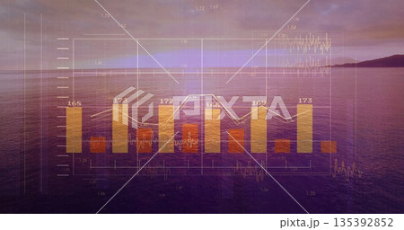 Displaying bar and line chart grid on dusky shoreline with orange bars 168,173,172,166,169,173 135392852
