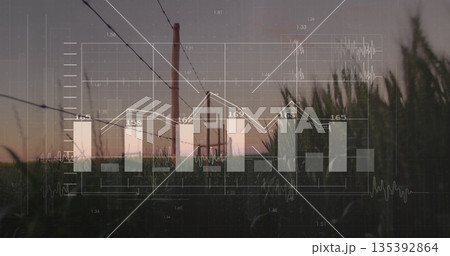 Displaying bar-line chart overlay on dusk pasture, with tall grass, fence posts and barbed wire 135392864