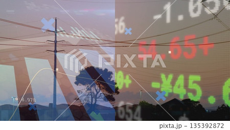 Showing wooden utility pole holding power lines during suburban dusk, with stock ticker overlay Showing wooden utility pole holding power lines during suburban dusk, with stock ticker overlay 135392872
