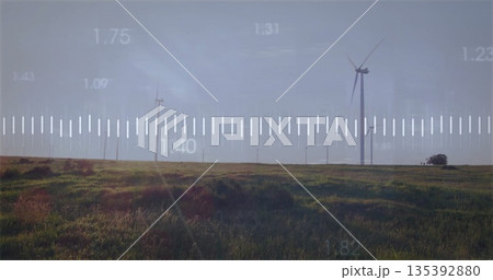 Displaying prominent wind turbine spinning on grass plain, with scale graphic overlay, copy space Displaying prominent wind turbine spinning on grass plain, with scale graphic overlay, copy space 135392880