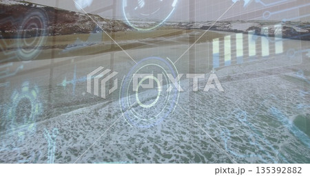 Displaying circular HUD overlaying sandy coastline, with radial chart, waveform, bar chart overlays Displaying circular HUD overlaying sandy coastline, with radial chart, waveform, bar chart overlays 135392882