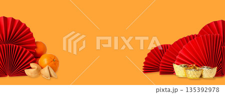 Bright backdrop featuring red fans and oranges for celebration 135392978