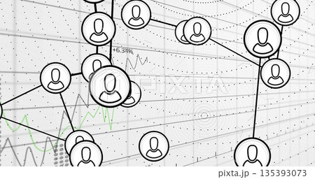 Showing network of avatar icons linking with lines over dotted grid on dashboard, +6 135393073