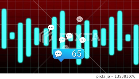 Dashboard displaying cyan bars with white chat icons on dark red grid, blue notification bubble 65 Dashboard displaying cyan bars with white chat icons on dark red grid, blue notification bubble 65 135393076
