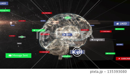 Floating holographic wireframe brain sending neural lines in dark cyberspace, with bright UI labels 135393080