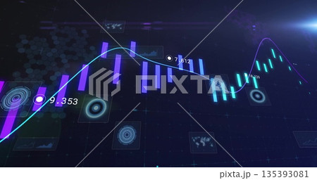 Displaying data visualization on console with neon bars, lines, radar and thumbnail icons, hex grid Displaying data visualization on console with neon bars, lines, radar and thumbnail icons, hex grid 135393081