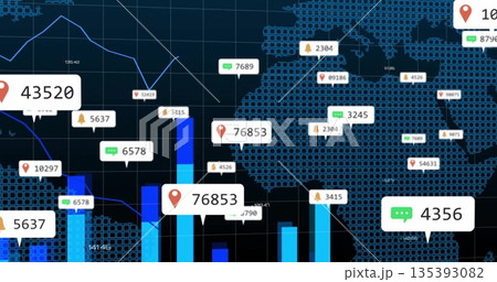 Displaying vertical bar charts on world map interface, with labels showing pin, chat, bell icons Displaying vertical bar charts on world map interface, with labels showing pin, chat, bell icons 135393082