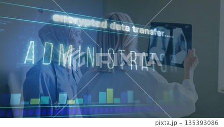 Inspecting doctor in lab coat holding X-ray film in radiology suite, with data overlay, copy space 135393086