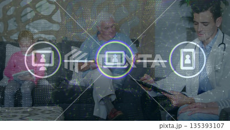 Sitting senior patient checking smartphone in medical clinic waiting room, with connectivity icons Sitting senior patient checking smartphone in medical clinic waiting room, with connectivity icons 135393107