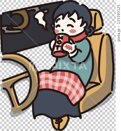 Illustration of a woman trying to stay warm in a car at night Illustration of a woman trying to stay warm in a car at night 135393125