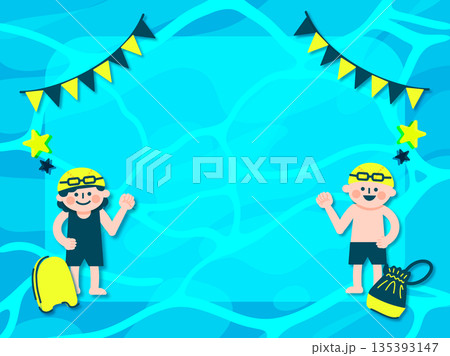 水泳教室のフレームイラスト　プール水面と水着の子供たち（ガッツポーズ） 135393147