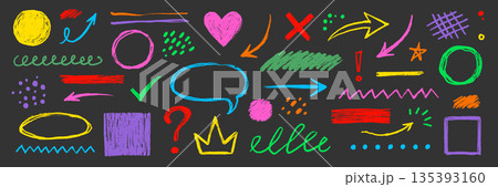 Hand drawn crayon arrows, chalk circles, dot color set. Textured chalk strokes with childlike doodles, dots, scribbles pastel texture pencil underline, star, arrow elements. Vector 135393160
