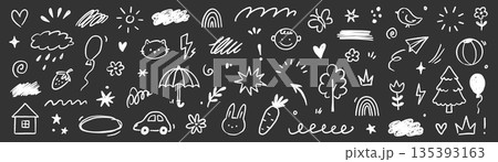 Kid element cute icon set. Kid icon heart, star, cloud element line hand drawn sketch on background. Cute childish chalk crayon art with flower, rainbow, sun on chalkboard. Vector Kid element cute icon set. Kid icon heart, star, cloud element line hand drawn sketch on background. Cute childish chalk crayon art with flower, rainbow, sun on chalkboard. Vector 135393163