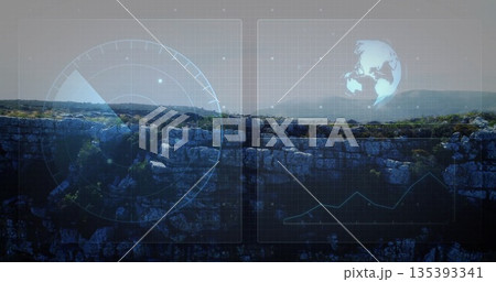Displaying rugged cliff formation at canyon, with radar, grid, 3D globe, graph and data nodes Displaying rugged cliff formation at canyon, with radar, grid, 3D globe, graph and data nodes 135393341