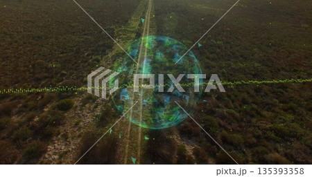 Scanning 3D sphere mapping dirt tracks over arid desert with triangular facets and data indicators Scanning 3D sphere mapping dirt tracks over arid desert with triangular facets and data indicators 135393358