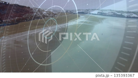 Displaying glacial lake view through radar HUD, with rings, grid lines, indicator dots and icebergs 135393367