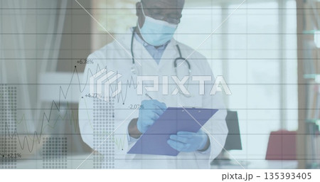 Writing doctor wearing lab coat and gloves in medical office, with clipboard and data charts Writing doctor wearing lab coat and gloves in medical office, with clipboard and data charts 135393405