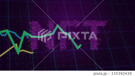 Displaying large 3D purple NFT letters on violet digital grid, with green teal yellow line graphs Displaying large 3D purple NFT letters on violet digital grid, with green teal yellow line graphs 135393439