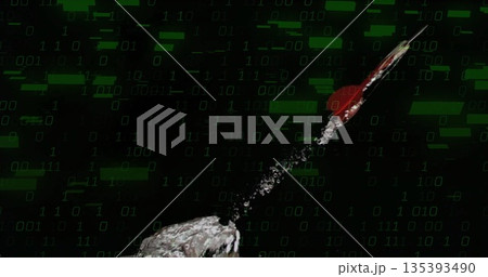 Metallic rocket launching in binary stream, with rocky surface, white trail, red sphere, copy space Metallic rocket launching in binary stream, with rocky surface, white trail, red sphere, copy space 135393490