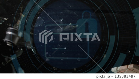 Displaying stylized browser window featuring padlock icon on dark cyber HUD, broken glass shards Displaying stylized browser window featuring padlock icon on dark cyber HUD, broken glass shards 135393497