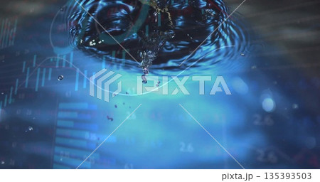Water droplet impacting surface and creating ripples in digital display, with financial data 135393503