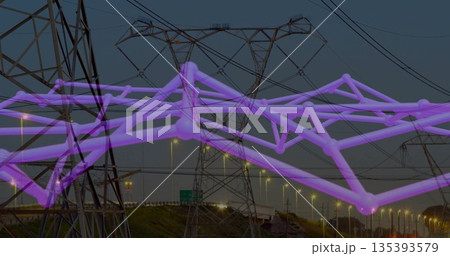 Glowing purple network overlay connecting power lines and towers along highway, lighting road below 135393579