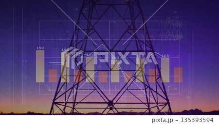 Standing power transmission tower in landscape at dusk with bar charts, line graph and grid overlay Standing power transmission tower in landscape at dusk with bar charts, line graph and grid overlay 135393594