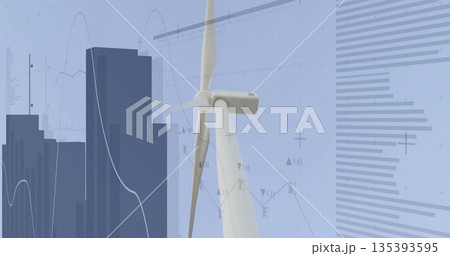 Presenting white wind turbine spinning in data scene, with dark blue bar silhouettes, line charts 135393595