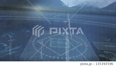 Displaying wind turbine rotating in foggy valley with holographic grid overlay and floating panels Displaying wind turbine rotating in foggy valley with holographic grid overlay and floating panels 135393596