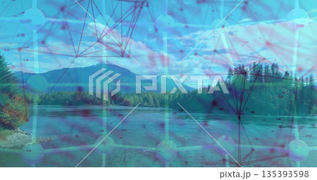 Superimposing molecular network graphic over mountain lake, with pebble shoreline and pine forest 135393598