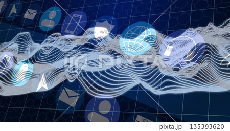 Streaming white-blue data wave above grid with honeycomb overlay, floating icons on virtual network Streaming white-blue data wave above grid with honeycomb overlay, floating icons on virtual network 135393620