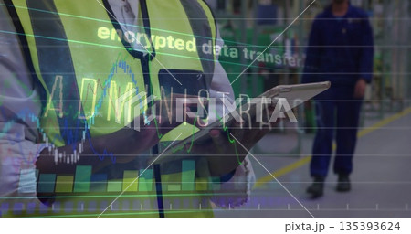 Tapping tablet technician in vest among warehouse racks, with data overlay, copy space Tapping tablet technician in vest among warehouse racks, with data overlay, copy space 135393624
