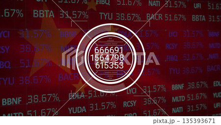 Displaying white HUD on red financial interface with stock tickers and faded yellow star 135393671