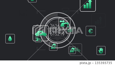 Displaying central circular digital gauge and large numeric readouts on dashboard, with green icons Displaying central circular digital gauge and large numeric readouts on dashboard, with green icons 135393735
