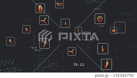 Displaying floating energy icon frames with metrics on virtual dashboard, streaming binary code Displaying floating energy icon frames with metrics on virtual dashboard, streaming binary code 135393750